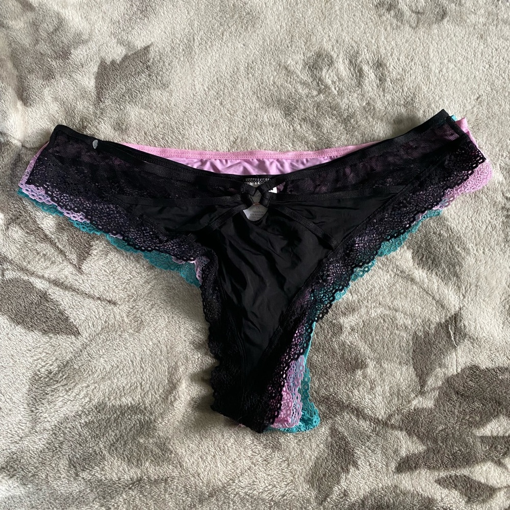 3pc set Secret Treasures Black, Pink and Teal Lace thong Panties